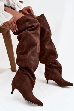 Sale Boto Wsuwane Kozaki Damskie Na Szpilce Czekoladowe Ysolienne Brązowy