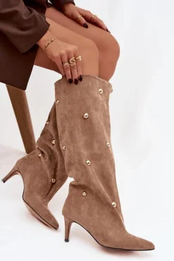 New Wsuwane Kozaki Damskie Na Szpilce Ze Złotymi Ozdobami Beżowe Thaliane Damskie Kozaki Ocieplane|Kozaki Przed Kolano