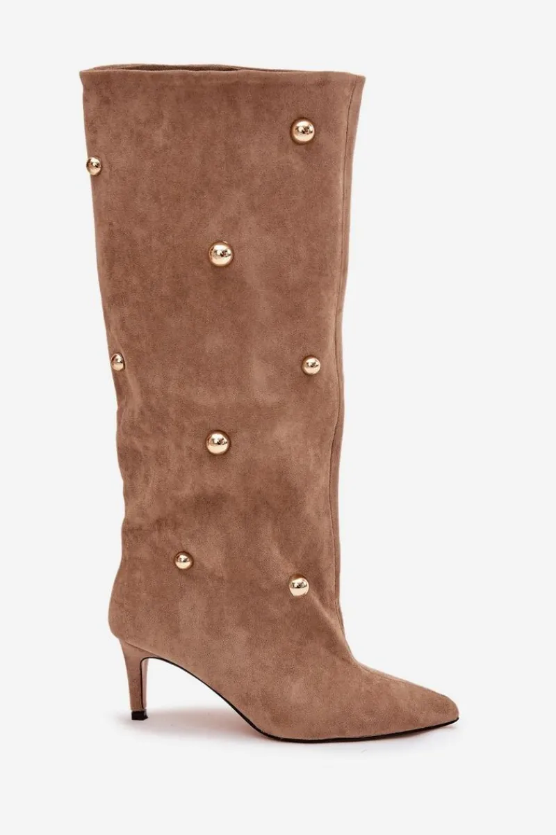 New Wsuwane Kozaki Damskie Na Szpilce Ze Złotymi Ozdobami Beżowe Thaliane Damskie Kozaki Ocieplane|Kozaki Przed Kolano