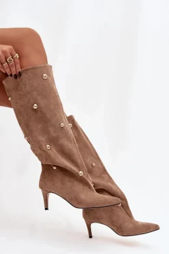 New Wsuwane Kozaki Damskie Na Szpilce Ze Złotymi Ozdobami Beżowe Thaliane Damskie Kozaki Ocieplane|Kozaki Przed Kolano