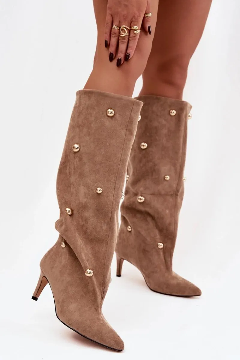 New Wsuwane Kozaki Damskie Na Szpilce Ze Złotymi Ozdobami Beżowe Thaliane Damskie Kozaki Ocieplane|Kozaki Przed Kolano