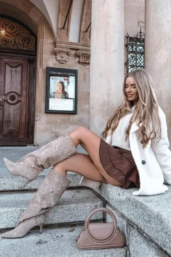 New Wsuwane Kozaki Damskie Na Szpilce Ze Złotymi Ozdobami Beżowe Thaliane Damskie Kozaki Ocieplane|Kozaki Przed Kolano