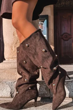 Discount Boto Wsuwane Kozaki Damskie Na Szpilce Ze Złotymi Ozdobami Czekoladowe Thaliane Brązowy