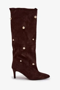 Discount Boto Wsuwane Kozaki Damskie Na Szpilce Ze Złotymi Ozdobami Czekoladowe Thaliane Brązowy