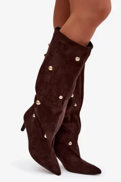 Discount Boto Wsuwane Kozaki Damskie Na Szpilce Ze Złotymi Ozdobami Czekoladowe Thaliane Brązowy