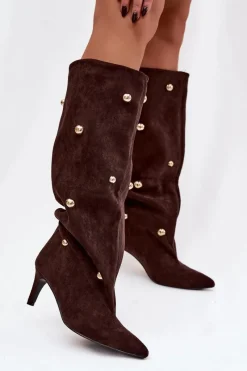 Discount Boto Wsuwane Kozaki Damskie Na Szpilce Ze Złotymi Ozdobami Czekoladowe Thaliane Brązowy