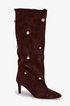 Discount Boto Wsuwane Kozaki Damskie Na Szpilce Ze Złotymi Ozdobami Czekoladowe Thaliane Brązowy