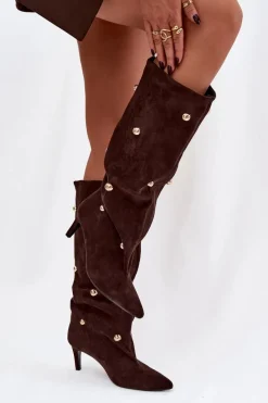 Discount Boto Wsuwane Kozaki Damskie Na Szpilce Ze Złotymi Ozdobami Czekoladowe Thaliane Brązowy