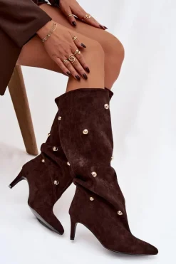 Discount Boto Wsuwane Kozaki Damskie Na Szpilce Ze Złotymi Ozdobami Czekoladowe Thaliane Brązowy