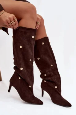 Discount Boto Wsuwane Kozaki Damskie Na Szpilce Ze Złotymi Ozdobami Czekoladowe Thaliane Brązowy