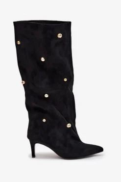 Sale Boto Wsuwane Kozaki Damskie Na Szpilce Ze Złotymi Ozdobami Czarne Thaliane