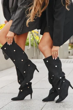 Sale Boto Wsuwane Kozaki Damskie Na Szpilce Ze Złotymi Ozdobami Czarne Thaliane