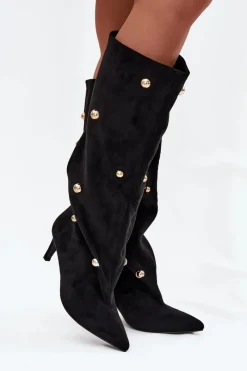 Sale Boto Wsuwane Kozaki Damskie Na Szpilce Ze Złotymi Ozdobami Czarne Thaliane