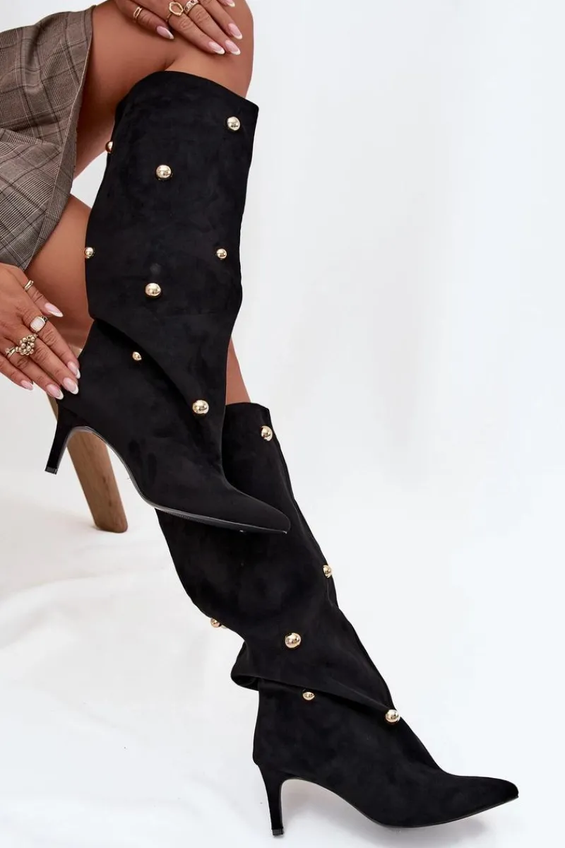 Sale Boto Wsuwane Kozaki Damskie Na Szpilce Ze Złotymi Ozdobami Czarne Thaliane