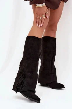 Kozaki Ocieplane|Kozaki Na Słupku>Boto Wsuwane Kozaki Kowbojki Damskie Na Słupku Z Frędzlami Czarne Zalia Czarny