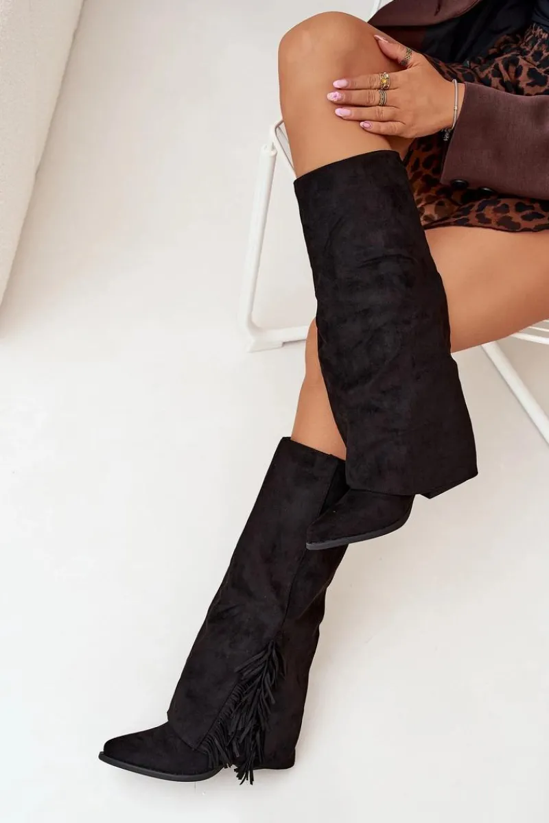 Kozaki Ocieplane|Kozaki Na Słupku>Boto Wsuwane Kozaki Kowbojki Damskie Na Słupku Z Frędzlami Czarne Zalia Czarny