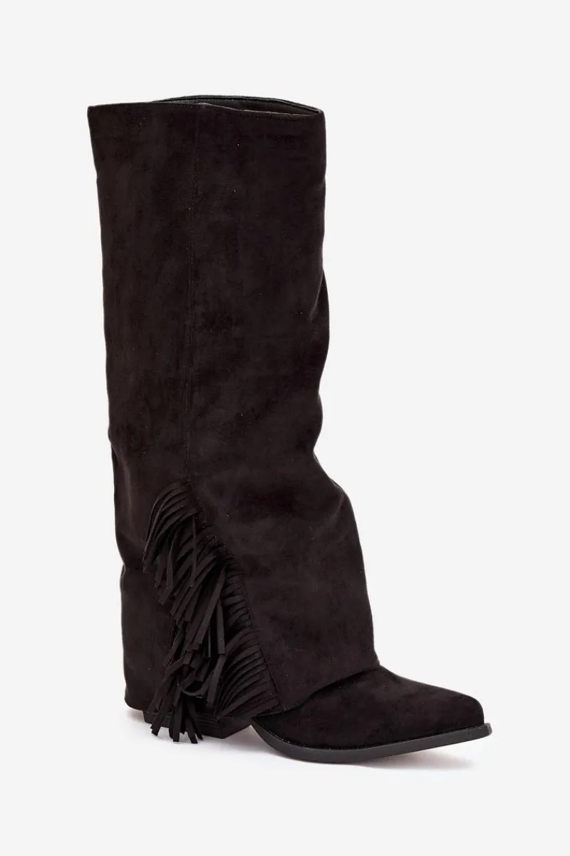 Kozaki Ocieplane|Kozaki Na Słupku>Boto Wsuwane Kozaki Kowbojki Damskie Na Słupku Z Frędzlami Czarne Zalia Czarny