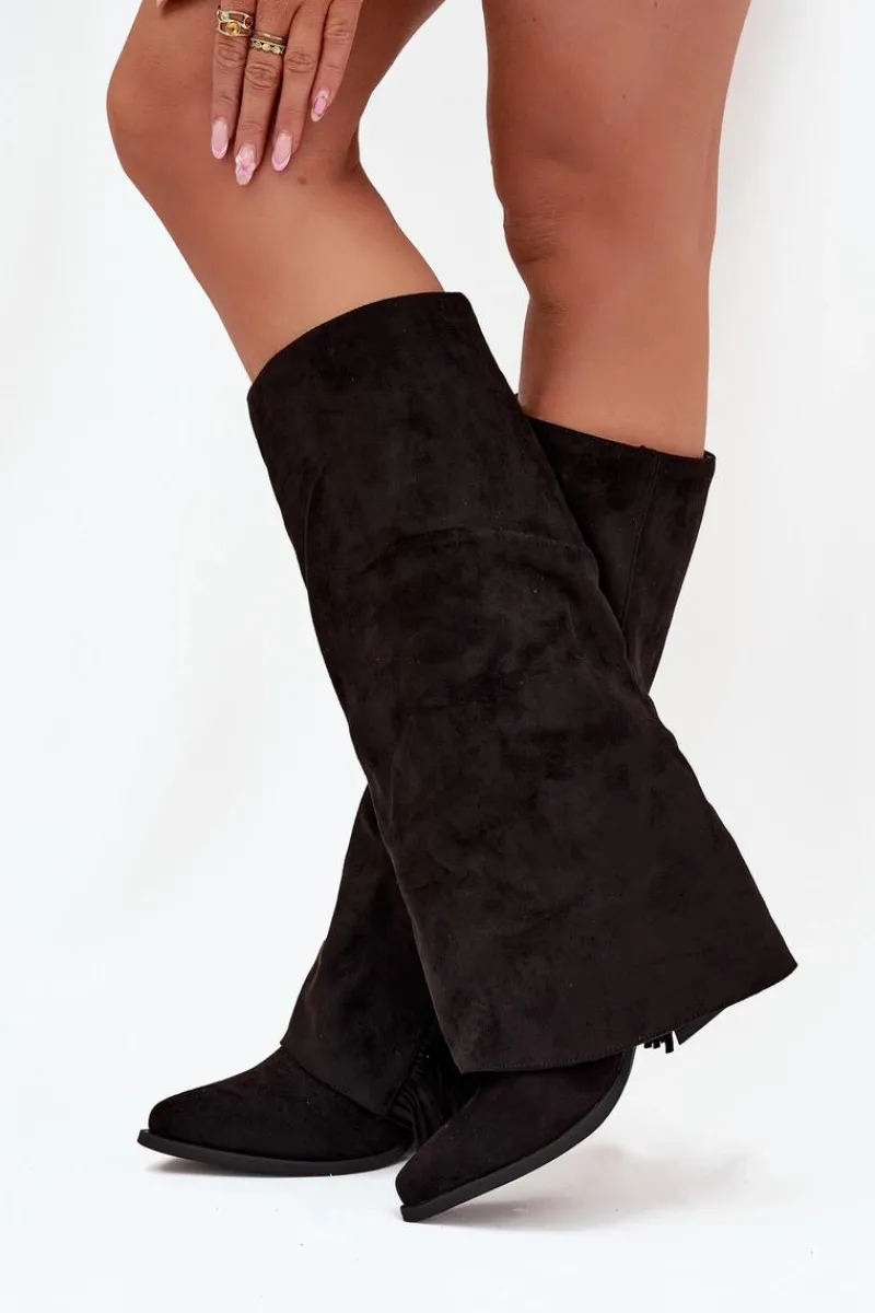 Kozaki Ocieplane|Kozaki Na Słupku>Boto Wsuwane Kozaki Kowbojki Damskie Na Słupku Z Frędzlami Czarne Zalia Czarny