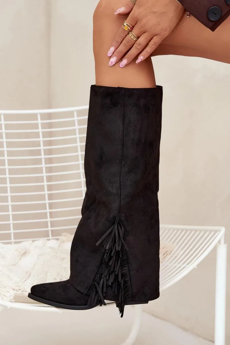 Kozaki Ocieplane|Kozaki Na Słupku>Boto Wsuwane Kozaki Kowbojki Damskie Na Słupku Z Frędzlami Czarne Zalia Czarny