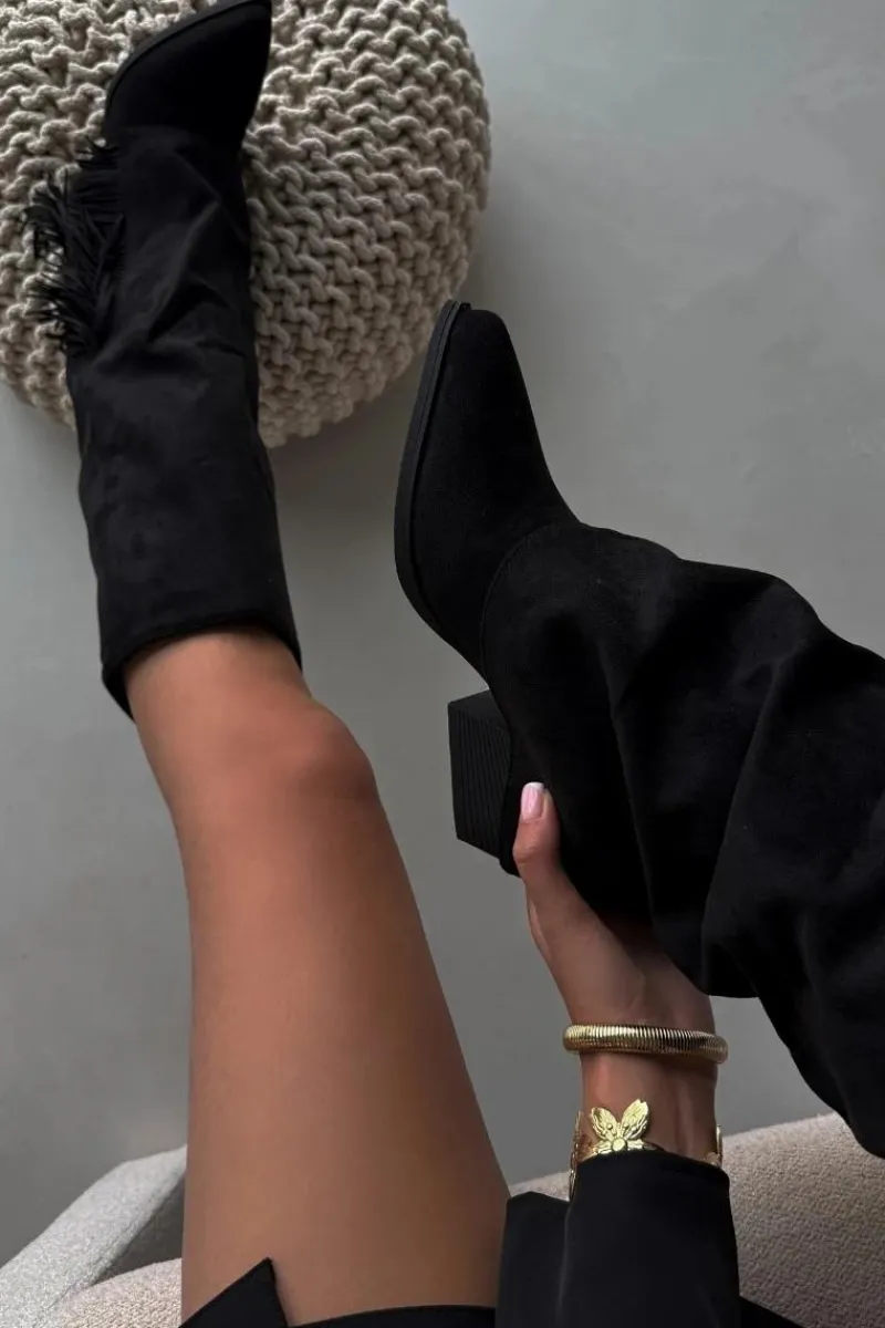 Kozaki Ocieplane|Kozaki Na Słupku>Boto Wsuwane Kozaki Kowbojki Damskie Na Słupku Z Frędzlami Czarne Zalia Czarny