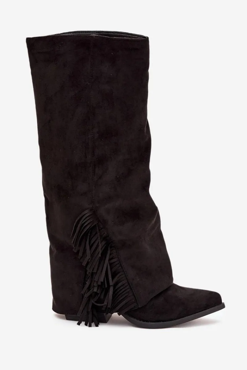 Kozaki Ocieplane|Kozaki Na Słupku>Boto Wsuwane Kozaki Kowbojki Damskie Na Słupku Z Frędzlami Czarne Zalia Czarny