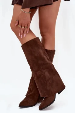 Best Wsuwane Kozaki Kowbojki Damskie Na Słupku Z Frędzlami Brązowe Zalia Damskie Kozaki Ocieplane|Kozaki Na Słupku
