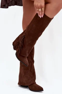 Best Wsuwane Kozaki Kowbojki Damskie Na Słupku Z Frędzlami Brązowe Zalia Damskie Kozaki Ocieplane|Kozaki Na Słupku