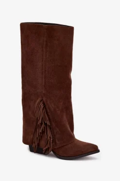 Best Wsuwane Kozaki Kowbojki Damskie Na Słupku Z Frędzlami Brązowe Zalia Damskie Kozaki Ocieplane|Kozaki Na Słupku