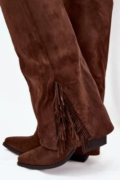 Best Wsuwane Kozaki Kowbojki Damskie Na Słupku Z Frędzlami Brązowe Zalia Damskie Kozaki Ocieplane|Kozaki Na Słupku