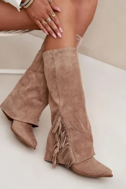 Online Boto Wsuwane Kozaki Kowbojki Damskie Na Słupku Z Frędzlami Beżowe Zalia Beżowy