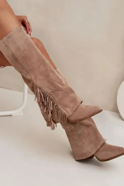 Online Boto Wsuwane Kozaki Kowbojki Damskie Na Słupku Z Frędzlami Beżowe Zalia Beżowy