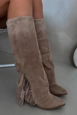 Online Boto Wsuwane Kozaki Kowbojki Damskie Na Słupku Z Frędzlami Beżowe Zalia Beżowy