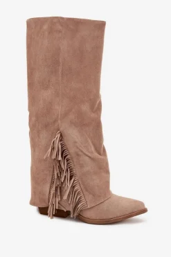 Online Boto Wsuwane Kozaki Kowbojki Damskie Na Słupku Z Frędzlami Beżowe Zalia Beżowy