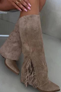 Online Boto Wsuwane Kozaki Kowbojki Damskie Na Słupku Z Frędzlami Beżowe Zalia Beżowy