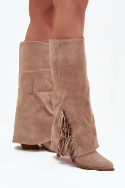 Online Boto Wsuwane Kozaki Kowbojki Damskie Na Słupku Z Frędzlami Beżowe Zalia Beżowy