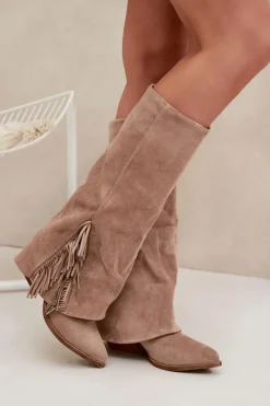Online Boto Wsuwane Kozaki Kowbojki Damskie Na Słupku Z Frędzlami Beżowe Zalia Beżowy