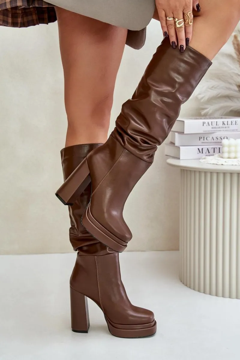 Outlet Wsuwane Kozaki Na Słupku I Platformie Z Marszczeniem Ocieplane Brązowe Beridra Damskie Kozaki Ocieplane|Kozaki Na Słupku