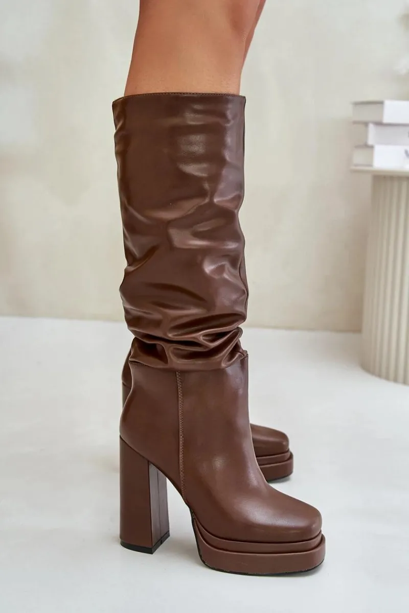 Outlet Wsuwane Kozaki Na Słupku I Platformie Z Marszczeniem Ocieplane Brązowe Beridra Damskie Kozaki Ocieplane|Kozaki Na Słupku