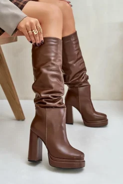 Outlet Wsuwane Kozaki Na Słupku I Platformie Z Marszczeniem Ocieplane Brązowe Beridra Damskie Kozaki Ocieplane|Kozaki Na Słupku