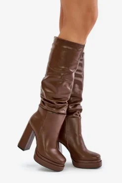 Outlet Wsuwane Kozaki Na Słupku I Platformie Z Marszczeniem Ocieplane Brązowe Beridra Damskie Kozaki Ocieplane|Kozaki Na Słupku