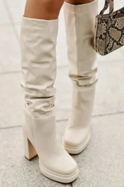 Kozaki Ocieplane|Kozaki Na Słupku></noscript>Boto Wsuwane Kozaki Na Słupku I Platformie Z Marszczeniem Ocieplane Jasnobeżowe Beridra Beżowy