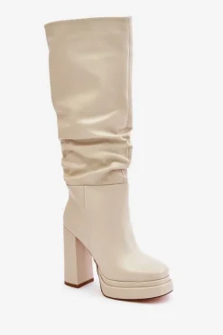 Kozaki Ocieplane|Kozaki Na Słupku></noscript>Boto Wsuwane Kozaki Na Słupku I Platformie Z Marszczeniem Ocieplane Jasnobeżowe Beridra Beżowy