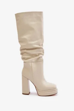 Kozaki Ocieplane|Kozaki Na Słupku></noscript>Boto Wsuwane Kozaki Na Słupku I Platformie Z Marszczeniem Ocieplane Jasnobeżowe Beridra Beżowy