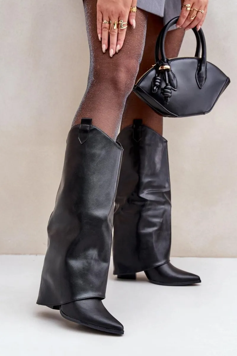 Outlet Wsuwane Kozaki Z Wywiniętą Cholewką Na Słupku Czarne Rialivia Damskie Kozaki Przed Kolano|Kozaki Na Obcasie
