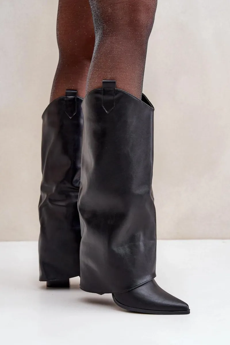 Outlet Wsuwane Kozaki Z Wywiniętą Cholewką Na Słupku Czarne Rialivia Damskie Kozaki Przed Kolano|Kozaki Na Obcasie