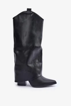 Outlet Wsuwane Kozaki Z Wywiniętą Cholewką Na Słupku Czarne Rialivia Damskie Kozaki Przed Kolano|Kozaki Na Obcasie