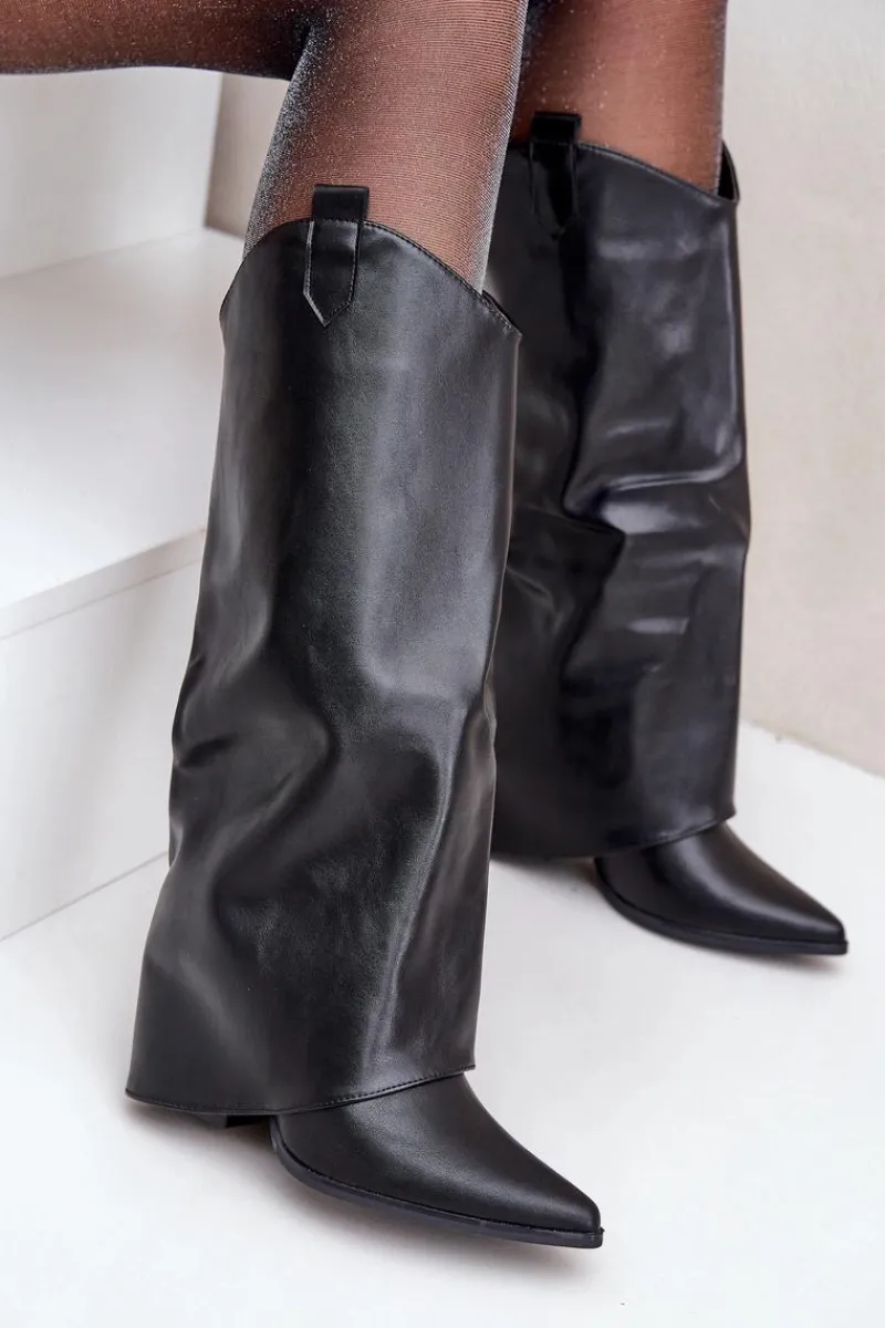 Outlet Wsuwane Kozaki Z Wywiniętą Cholewką Na Słupku Czarne Rialivia Damskie Kozaki Przed Kolano|Kozaki Na Obcasie