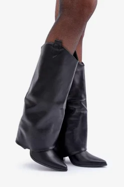 Outlet Wsuwane Kozaki Z Wywiniętą Cholewką Na Słupku Czarne Rialivia Damskie Kozaki Przed Kolano|Kozaki Na Obcasie