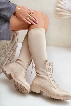 Best Boto Wsuwane Kozaki Ze Skarpetkową Cholewką Beżowe Iranel Beżowy