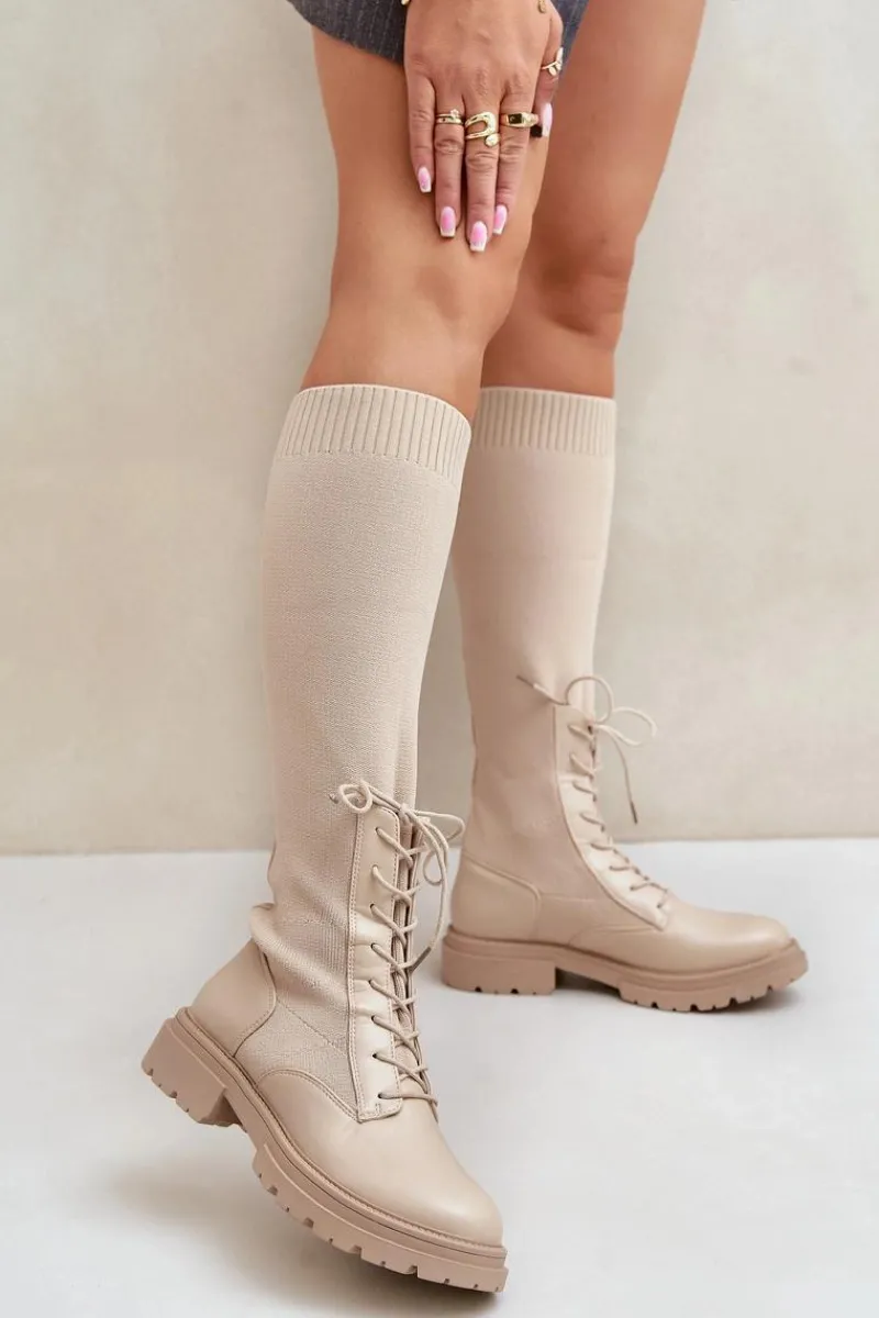 Best Boto Wsuwane Kozaki Ze Skarpetkową Cholewką Beżowe Iranel Beżowy